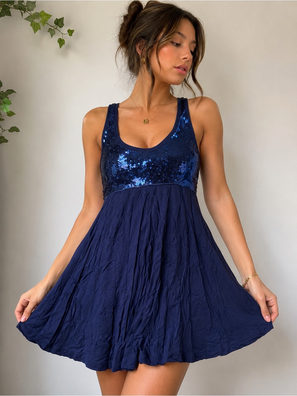 LaROK Navy Blue Sequin Babydoll Dress Large | Y2K Boho Glam Party Dress